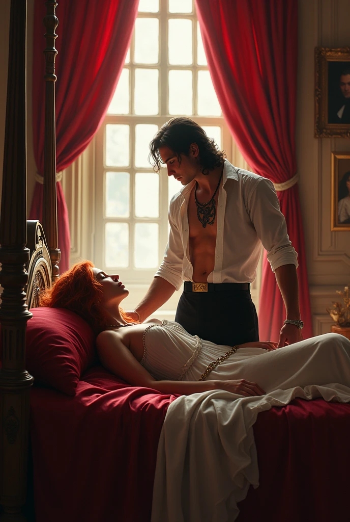 Cadre : c est une chambre dans un chateau avec un lit a baldaquin il y a une grande fenetre avec des rideaux en velour rouge.
Femme: elle etait couché sur le lit. Elle a vingt trois ans Ses cheveux etaient rouges, ondulé et longs. Elle porté une robe blanche champêtre et simple a sa cheville une chaîne y etait attachée. Sur son visage on voyait qu elle etait soumise mais aussi qu elle avait de l affection pour cet homme qui l'a kidnappé par amour.
Homme : il est auprès d'elle c est un homme de vingt cinq ans il est musclé, il a les cheveux longs,lisse et noir sur son cou il a un tatouage en forme de serpent noir. Il est habillé en chemise de soie et pantalon noir. Il regarde la jeune fille avec de l'affection et de l amour. Il lui caresse les cheveux délicatement pour lui montrer qu'elle n'a rien a craindre et son affection