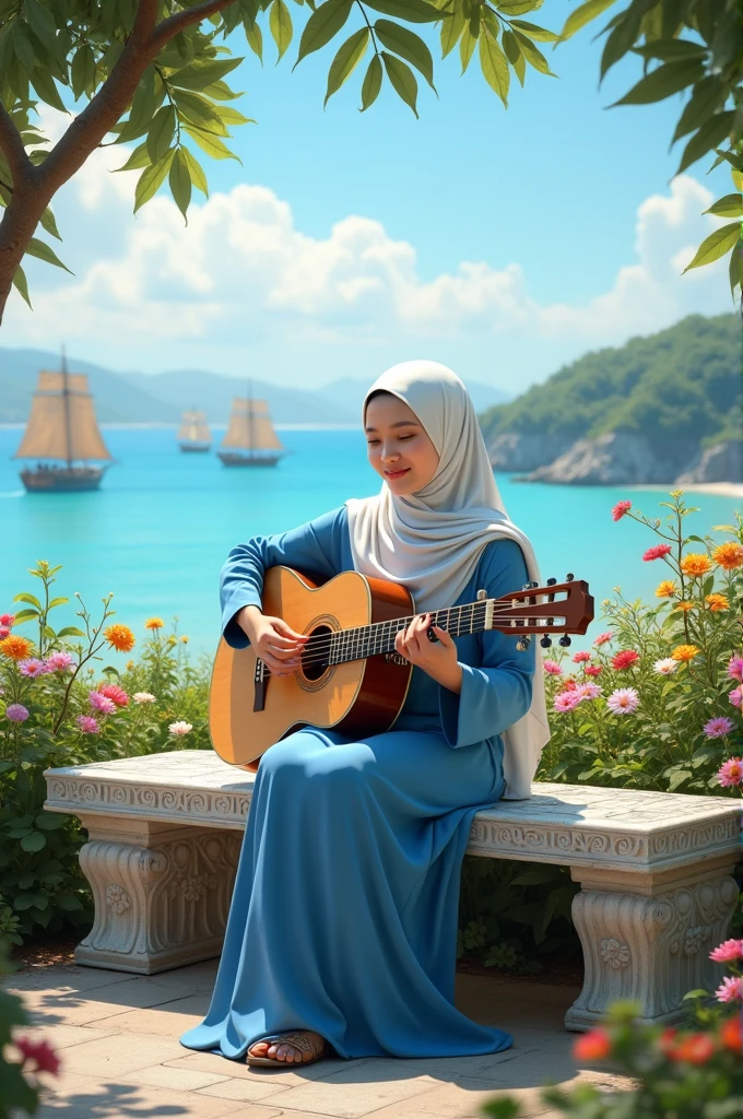 full body 23 year old girl is sitting on a stone bench and playing guitar, beautiful design on the bench, beautiful view behind, several ships visible, beautiful flowers around the bench. The girl wore a blue robe, white hijab. With the name “Een” write it on the bench. She looks so cute, beautiful, INDONESIAN, happy, Bright full background, 4k high quality.