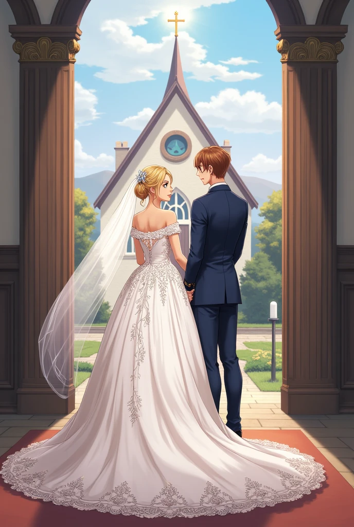 Wedding in the town church Eibenstock. the building is stocky. she has blonde hair pinned up. A tiara on the head and a floor-length veil under the updo. She wears a white off-the-shoulder dress with lace, lots of tulle and long train. The groom, 3, has brown, grey-streaked short hair and wears a dark blue suit with ornaments