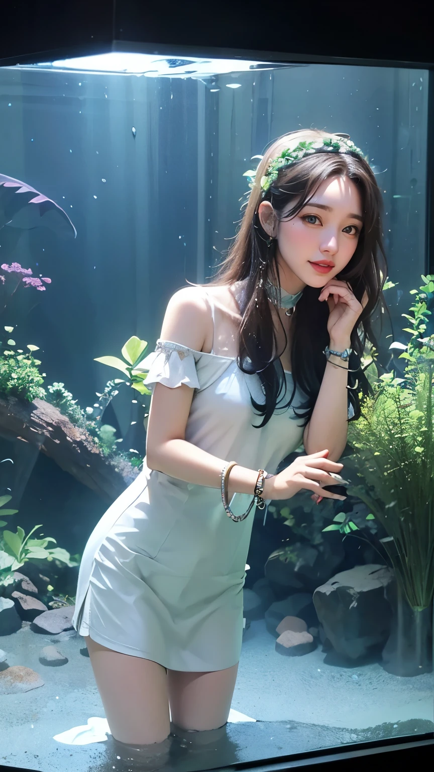 Water flow bracelet, look at the viewer, water flow collar, in the aquarium, leaning forward, torrent clothes, water lady, green and light blue color scheme,