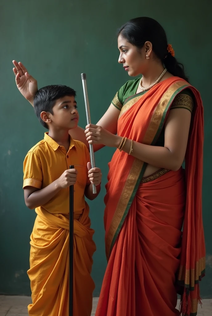 Make a piture of a boy who is being punished by
Female teacher in saree with a steel cane in hand