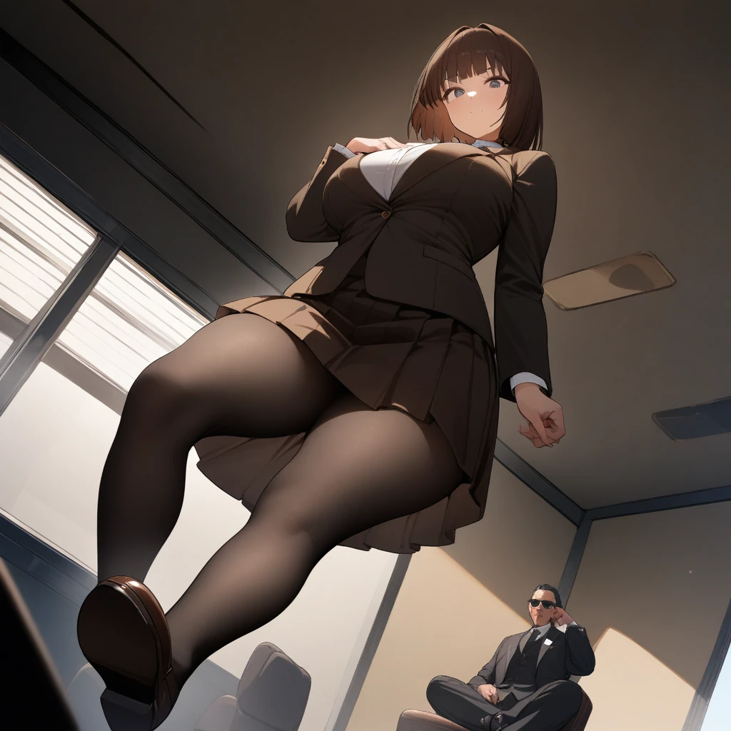 1girl,brown hair,hime_cut ,black eyes,brown school uniform,,looking at viewer,from below,full body,1man,40years old,black suit,sunglasses,gentleman,masterpiece, best quality, very aesthetic, absurdres,