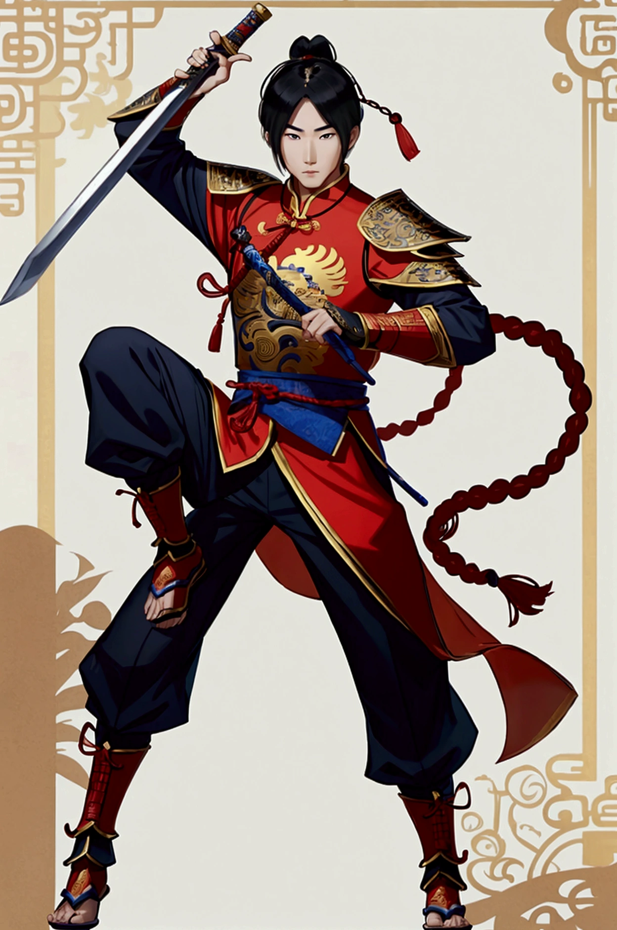 man,Chinese Warrior,holding a sword,handsome ,stand,ใส่รองเท้าChinese Warrior เห็นทั้งตัว,Cao Cao,Tall with legs and visible feet