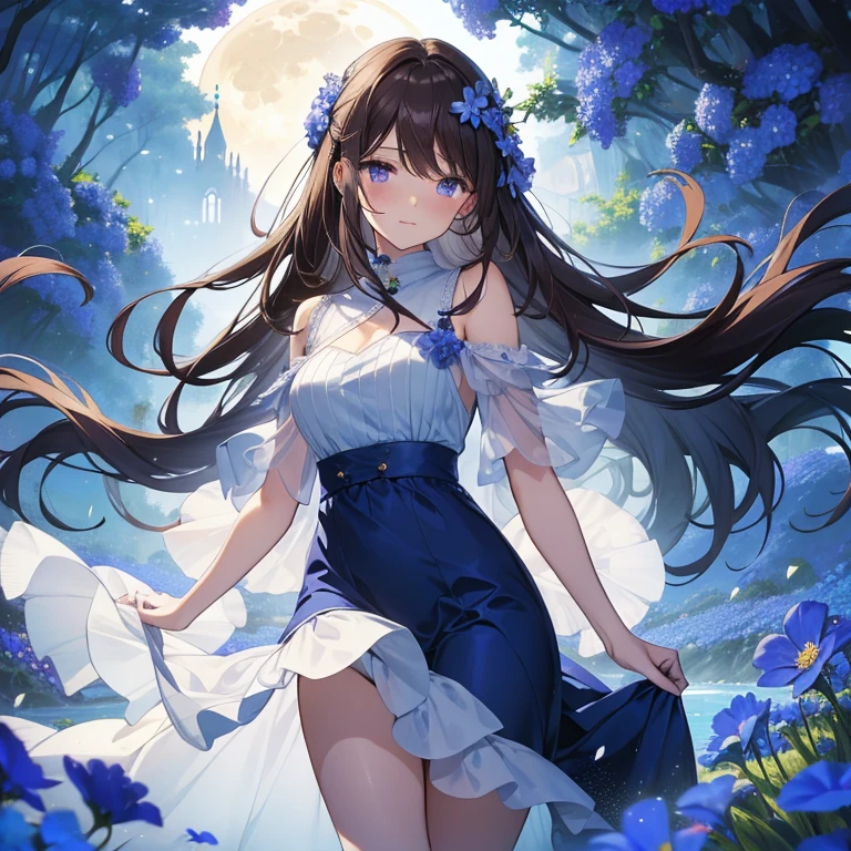 Masterpiece, best quality, high quality, A sea of blue flowers, 1Woman, Solo, standing in a sea of blue flowers, Blue petals swaying in the breeze, Her presence adds an ethereal beauty to the scene, Her serene expression reflects the tranquility of the nature around her, has Long Brown hair, has Purple eyes, wears Purple Long dress, happy, blushed face, Night, Moon and stars in the sky