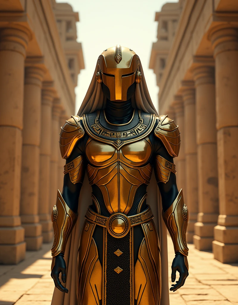 Highly detailed and intricate, photorealistic, cinematic, Egyptian-themed futuristic warrior wearing golden armor with black accents, standing in front of an ancient Egyptian temple. Created in Unreal Engine and rendered with Octane Render