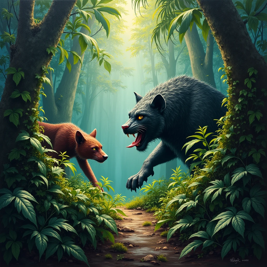 A wild oil painting of a dense jungle scene where a predator, hidden in the undergrowth, prepares to ambush its prey. The foliage is thick and vibrant, with shafts of sunlight piercing through the canopy. The predator’s eyes gleam with a wild hunger, and the tension is palpable as the prey unknowingly steps closer. Wild, ultra-detailed, 4K.