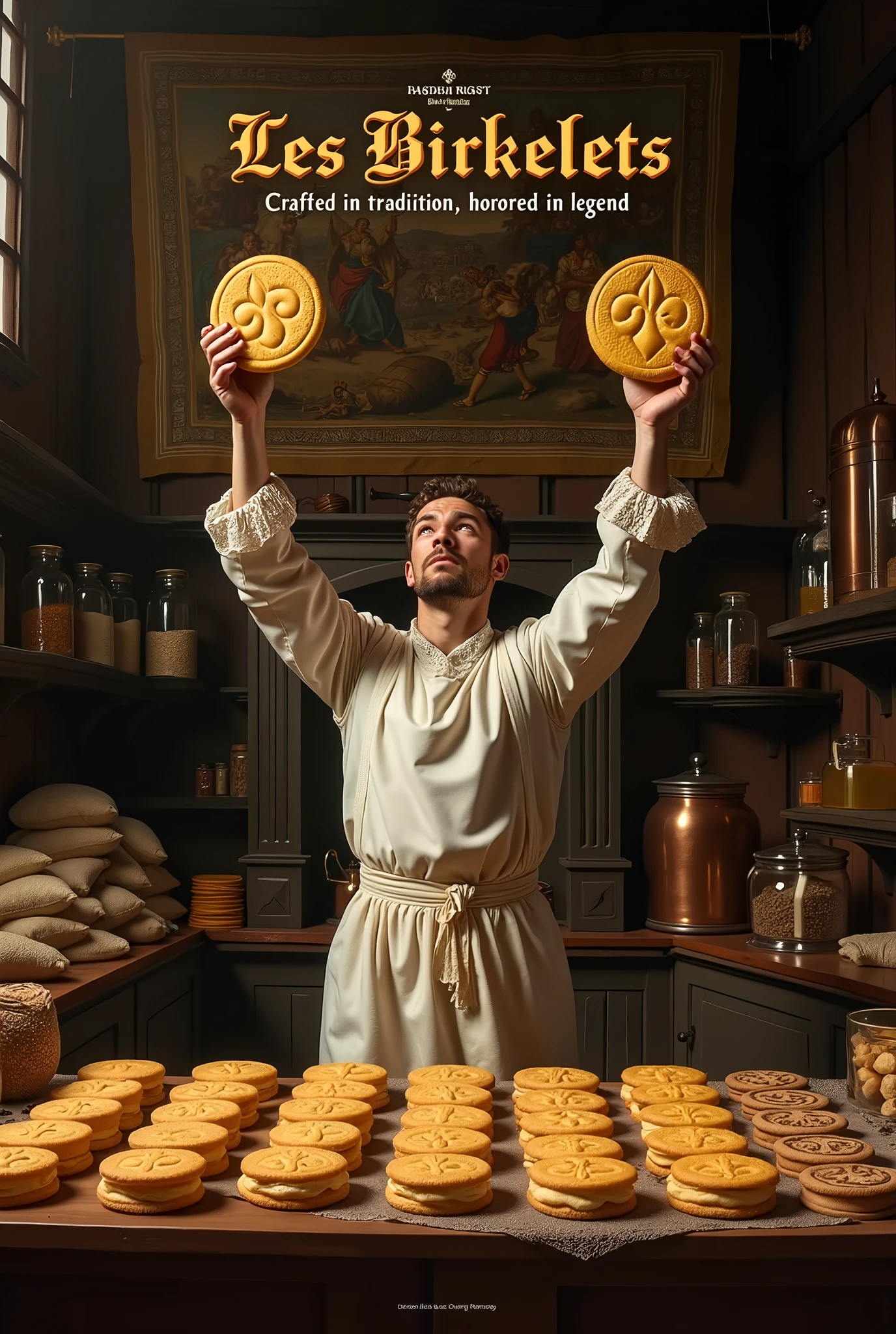 Create an epic and legendary advertising poster for 'Les Birkelets,' a traditional French wafer brand. The scene is set in a grand, dimly lit 17th-century French château kitchen, captured in the dramatic chiaroscuro style of Caravaggio. At the center of the composition, a noble French baker, dressed in a flowing white apron with intricate lace cuffs, stands heroically. He holds a golden, intricately detailed wafer, 'Les Birkelets,' in one hand, raised high as if offering it to the gods, while the other hand rests on an ornate silver platter filled with more wafers.
The background is a rich, shadowy blend of antique kitchen elements: towering shelves lined with glass jars of spices, sacks of flour, and gleaming copper pots hanging from a dark wooden beam. A roaring fireplace casts a warm, flickering light that highlights the fine textures of the wafers and the baker’s determined expression. On a large wooden table in the foreground, a lavish display of 'Les Birkelets' wafers is arranged like a royal treasure, each one perfectly crisp and golden, with delicate engravings of French fleur-de-lis.
Above the baker, an ancient tapestry depicting a legendary battle unfurls, subtly integrated into the shadows, echoing the theme of enduring tradition and excellence. The brand name 'Les Birkelets' is elegantly inscribed at the top in bold, vintage typography, with the tagline: 'Crafted in Tradition, Honored in Legend.' The overall atmosphere of the poster is one of grandeur, evoking a sense of history and the legendary craftsmanship behind these iconic French wafers