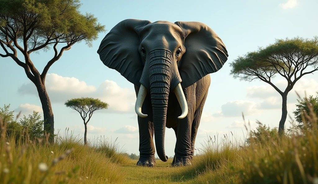 E is for Elephant, so big and strong:
"A large, majestic elephant standing in a lush savannah, with its trunk raised high, surrounded by tall grasses and acacia trees."