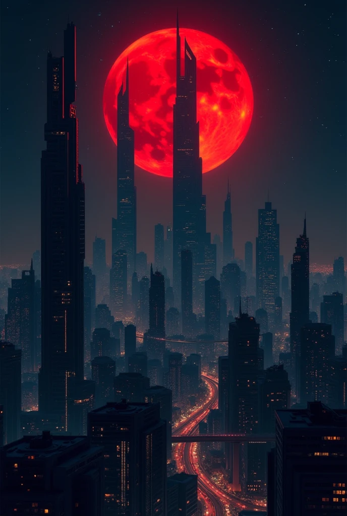 Futuristic night city , high building,stars in the sky, red moon