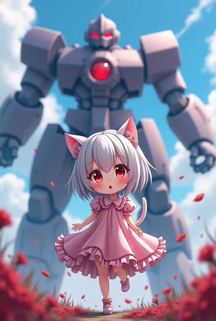 Concept Art，Beautiful anime scene，Highest quality，32K resolution，cute ，Full body photo，Silver Hair，Red eyes，Bobcut, (I&#39;looking forward to it), (surprised), (blush), Android, Extremely small type, Very short stature，Very thin thighs，Small Ass，A cute pink gothic dress with ruffles，Mecha Girl，Outdoor，Dynamic pose, rampage, GTS, Giant，Big eyes，Curled eyelashes,Cat ears