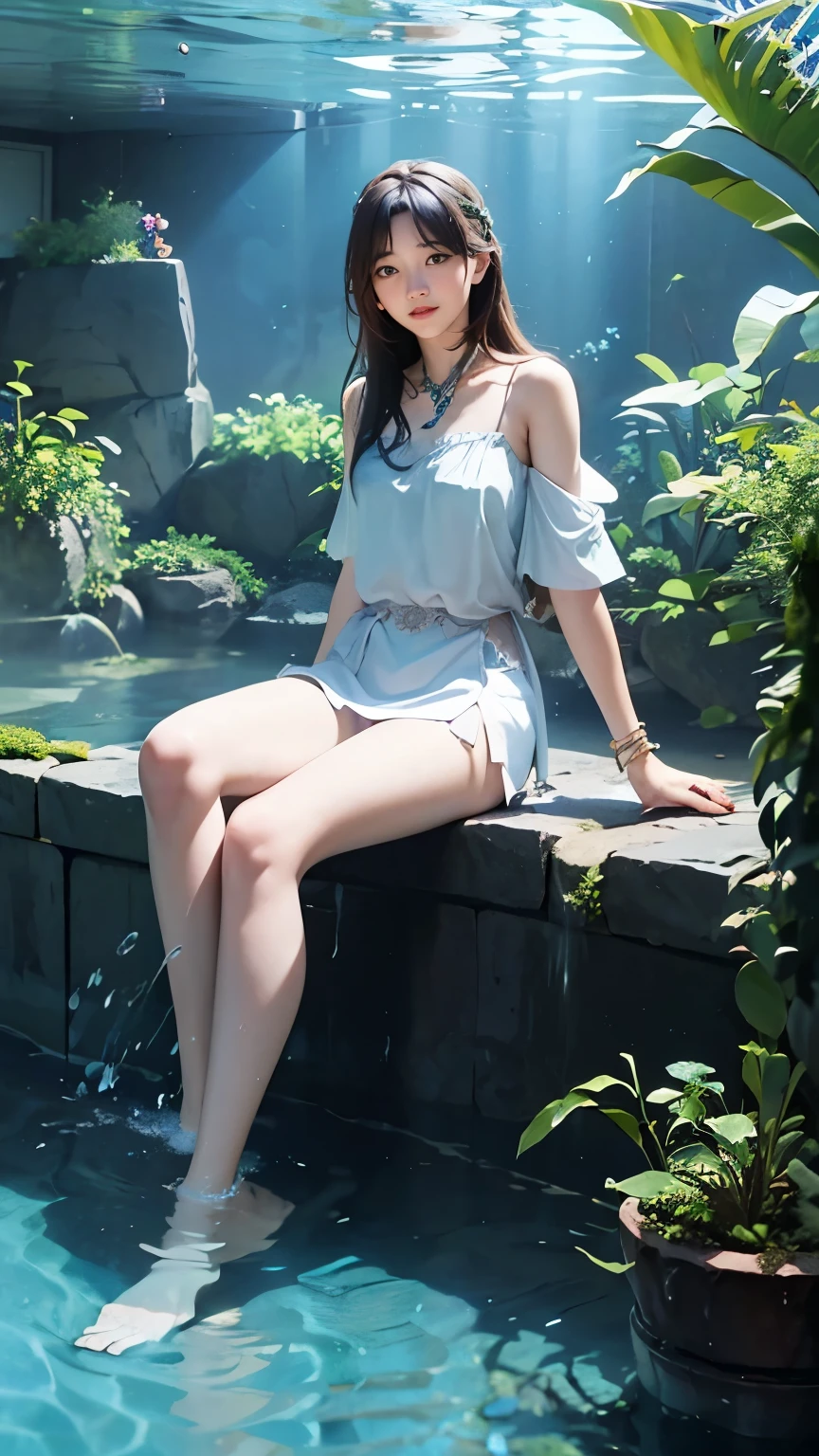 Water flow bracelet, look at the viewer, torrent robe, water court lady, water flow collar, in the aquarium, forward leaning posture, green and light blue color scheme,