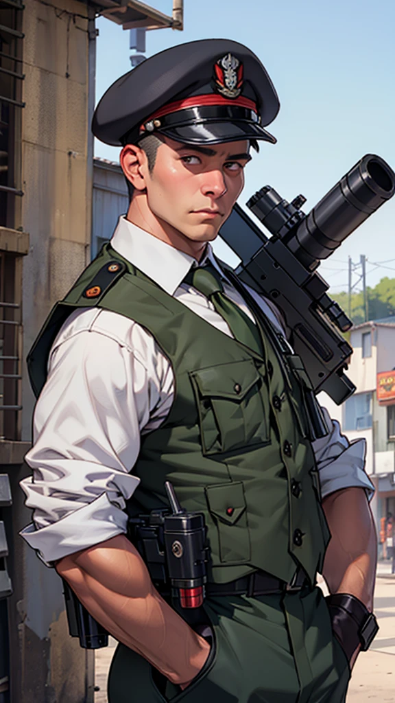 chinchilla rodent soldier of tactical exercise with evil appearance in uniform with vest and beret, realistic machine gun 