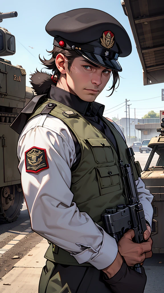 chinchilla rodent soldier of tactical exercise with evil appearance in uniform with vest and beret, realistic machine gun