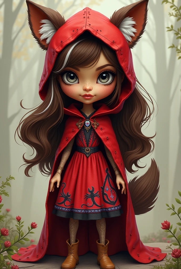 Imagem da filha da Cerise Hood com a Cedar Wood de Ever After High: Brown wavy hair with bangs, white streaks on the left side of the hair, light brown skin, the whole body is made of wood, gray eyes, wolf ears appear on top of the head, coming out between her hair, red hood, red dress with black and purple with elements of leaves and crickets on the outfit, and a brown boot