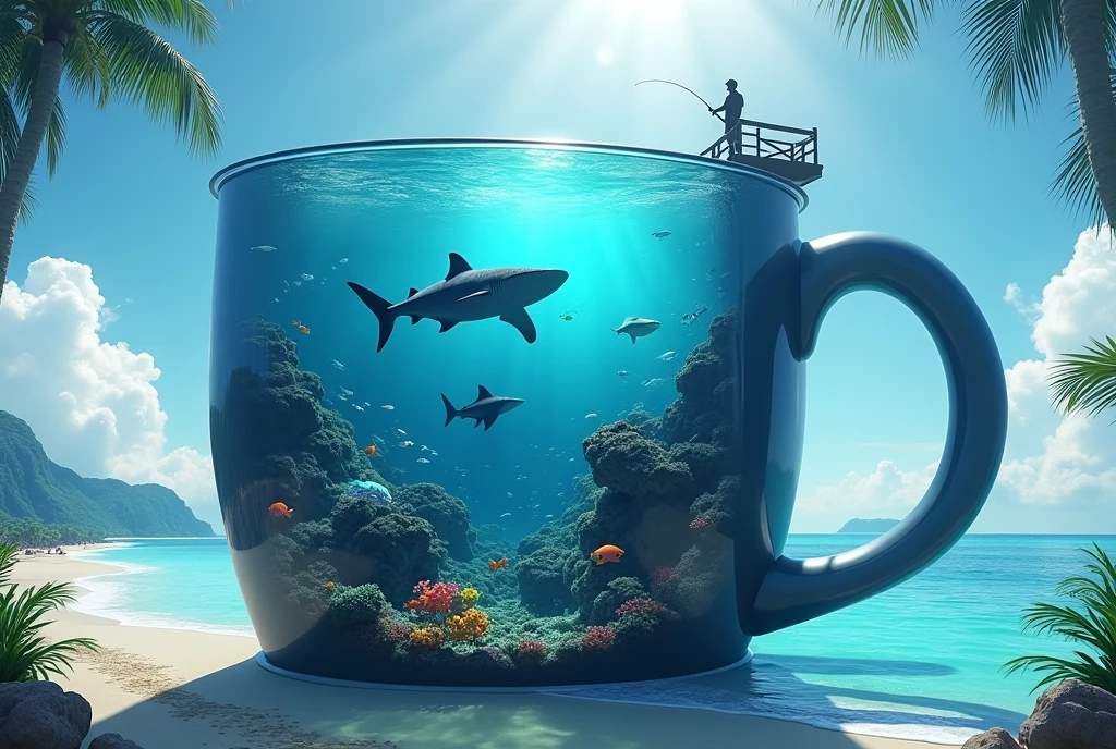 hyperrealistic giant mug aquarium, tropical beach, fine sand, ultra-clear seawater, diverse marine life, detailed coral reef, schools of tropical fish, bioluminescent creatures, giant whale shark, manta rays, sunlight rays penetrating water, small wooden pier on mug rim, silhouette of person fishing, high-resolution underwater scene, photorealistic textures, cinematic lighting, expansive ocean view background, Okinawa-inspired landscape, massive scale, intricate details, marine biology accuracy, 8K resolution, professional photography style