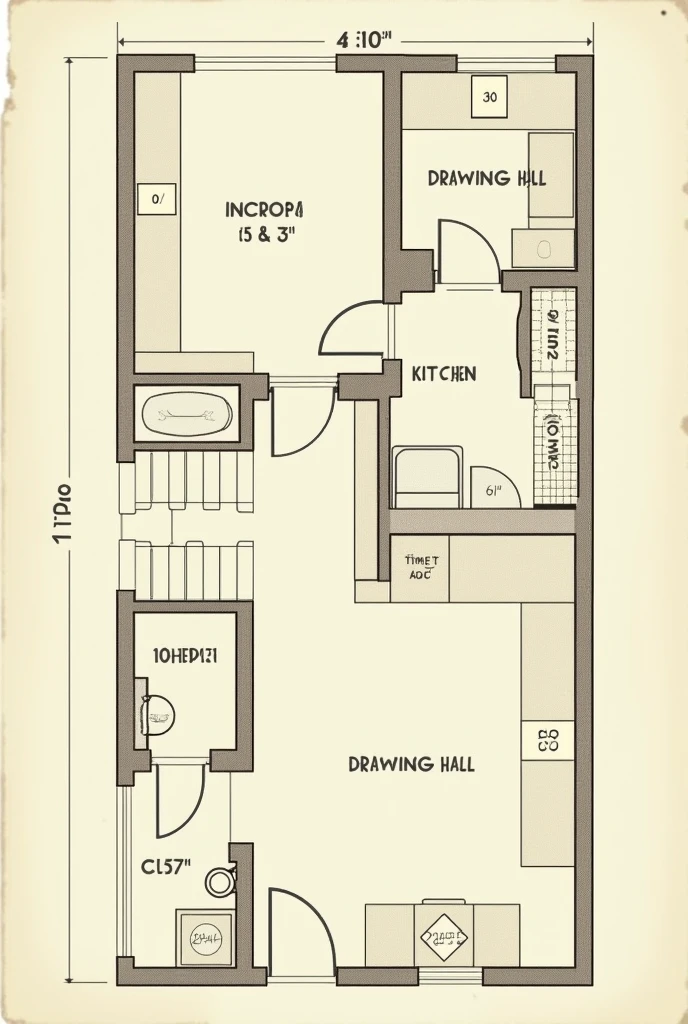 I have 60 ft length and 30 ft width plot, I want two rooms, drawing hall and a kitchen create map of it, mention measurement in English, also mention name of the part