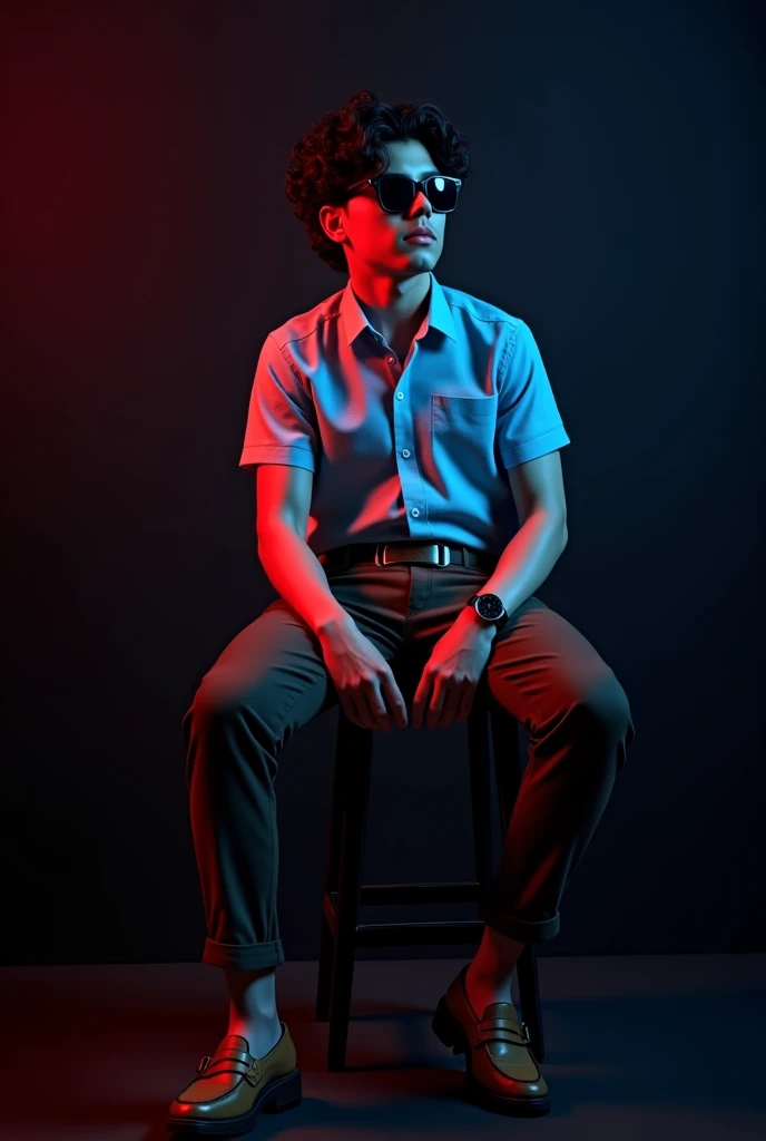 A tan tall boy with black wave hair wearing sunglasses, sky blue short sleeve shirt tucked with dark brown belt black long trousers and old watch on it and dark brown loafers sitting on black stool and black background red and blue light on it the boy turning right side and the boy seeing right side