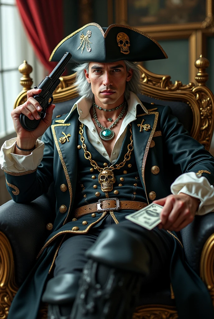 Surreal 8K 32k Realistic and Super Fantasy Very detailed Dynamic seating position Cinema Lighting 3D Gems pirate Silver髪 Holds a gorgeous gun in his right hand pirateの髑髏マーク帽子 black, Money, Silver Skull Necklace Hold a stack of bills in your left hand ゴージャスなpirateファッション Spilling Jewels Silver髪
information