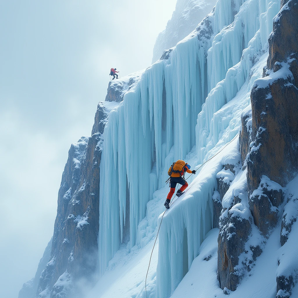 A wild oil painting of climbers scaling a treacherous, ice-covered mountain face during a blizzard. The wind howls around them, whipping up snow and ice, while the climbers struggle to find footholds on the slippery surface. The mountain looms large and unforgiving, embodying the wild challenge they face. Wild, ultra detailed, 4K.