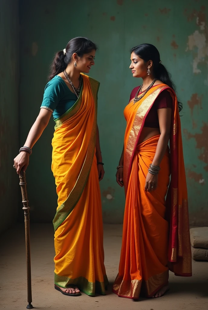 Make a piture of a boy who is being punished by
Female teacher in saree with a steel cane in hand