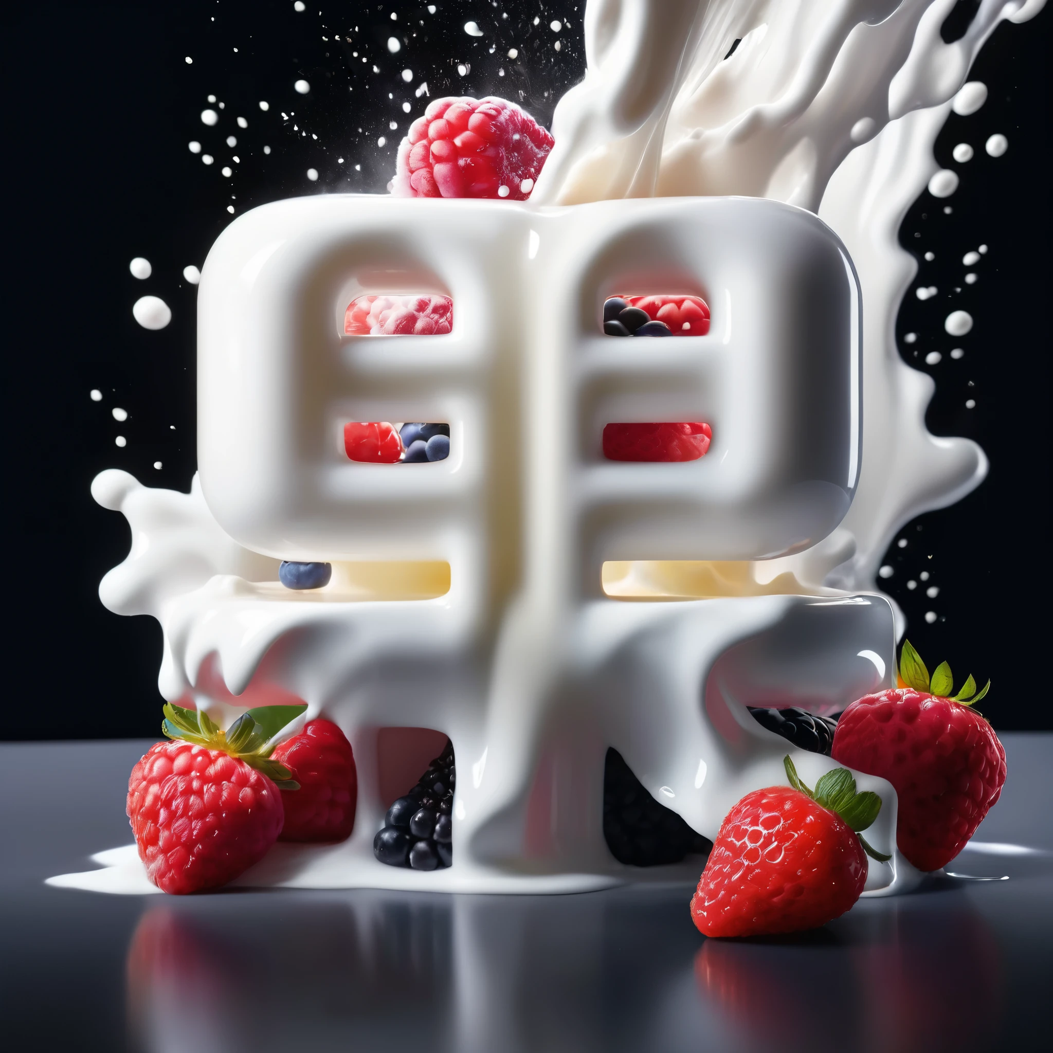 Commercial Photography, Intense white milk explosion, Giant Blackberry、raspberry、strawberry、blueberry、Cherry in the center of the explosion, White lighting, Studio Lighting, 8k Octane Rendering, High-resolution photography, Fine details, Extremely detailed, On black isolated plane, picture, Professional color correction 