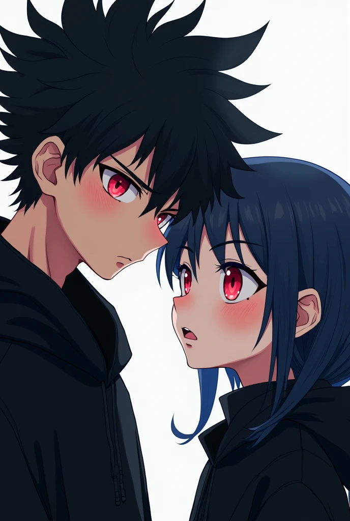 A boy ((( Anime boy , Spiky hair , black hair , black hoodie , blood red eyes , narrowed eye
 ))) , A girl ((( Anime girl , dark blue hair , modern day mullet hair style , black hoodie , red eyes , almond eye ))) , siblings