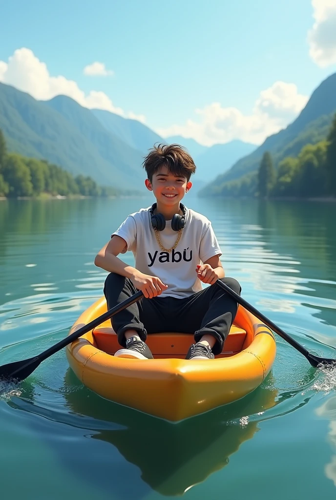 Here’s the revised prompt that incorporates the style you want:
Prompt:
"A boy is sitting on a colorful boat, paddling on a calm lake surrounded by mountains. He is wearing a white T-shirt with 'YABU' printed in bold black letters, paired with black cargo pants, and casual sneakers. The boy has short hair and is accessorized with a gold chain and headphones around his neck to maintain a stylish and musical vibe. The atmosphere is vibrant, with a clear sky above and water reflecting the natural landscape. The boy is positioned in the center of the boat, paddling enthusiastically, with the beautiful scenery of mountains and greenery in the background."
This prompt should help generate a photo that combines the casual boating scenario with the stylish outfit and accessories from the reference image.