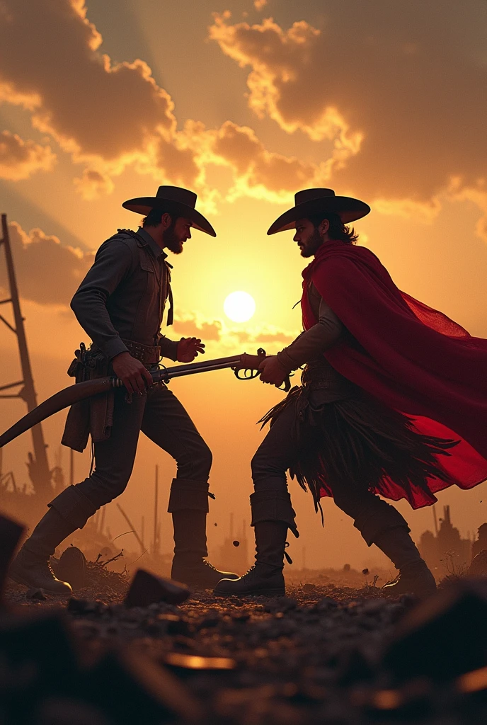 Peux tu me générer une image sur laquelle figure un guerrier légendaire, Rico le Yankee, un changelin roux avec un chapeau de cowboy
