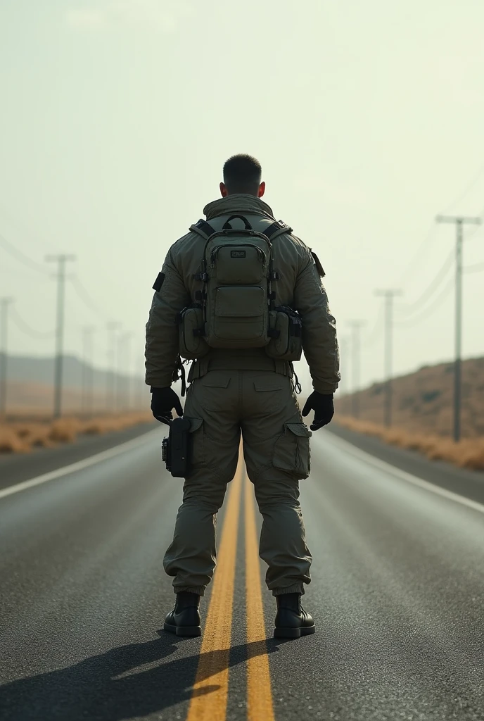 Soldier standing in open place of road