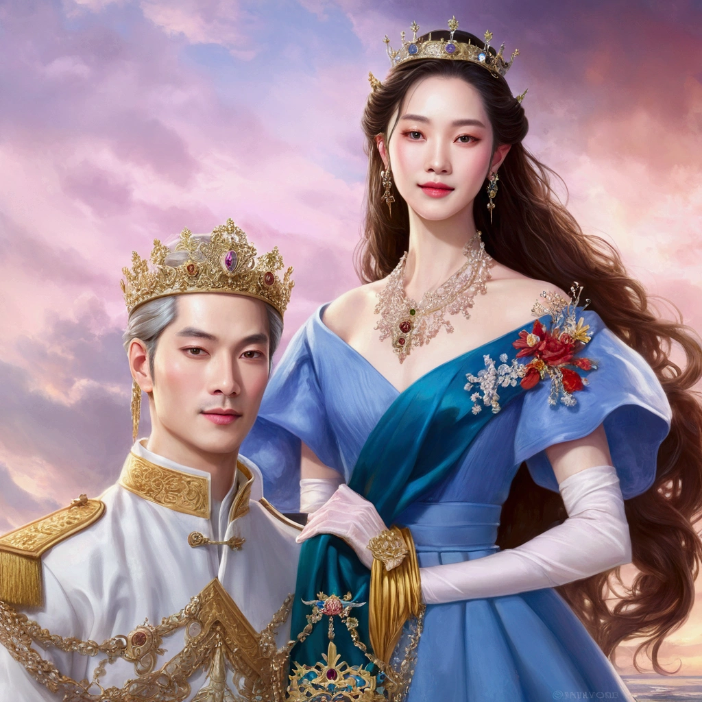 a close up of a person in a dress and a man in a uniform, delicate androgynous prince, beautiful androgynous prince, imperial royal elegant clothing, royal elegant pose, royal portrait, ((a beautiful fantasy empress)), royal style, royal portrait painting, a beautiful fantasy empress, queen and ruler of the universe, queen of the sea mu yanling. Make into realistic human
