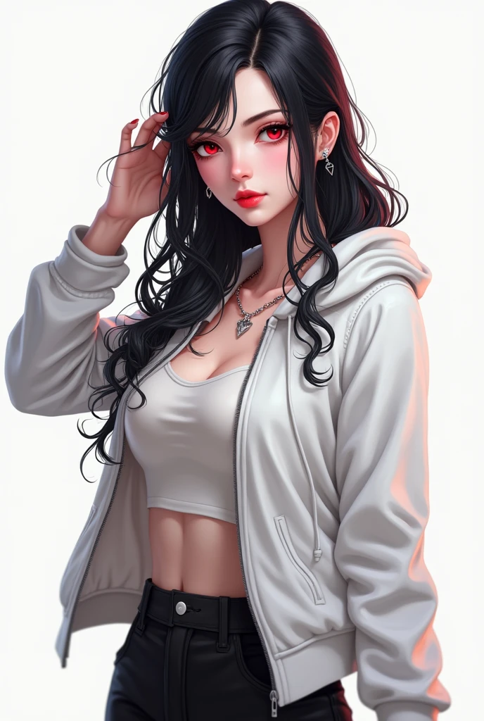 (masterpiece, best quality, ultra-detailed), (beautiful detailed face), (beautiful detailed eyes), (beautiful detailed hands), high contrast, (best illumination, an extremely delicate and beautiful), hyper detail, intricate details, (1 girl, solo, multicolor black and white hair, sharp face, long hair, red eyes, hair between eyes), a woman in a white open hooded jacket and black pants, single character full body, full body concept