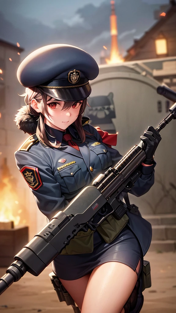 chinchilla rodent soldier of tactical exercise with evil appearance in uniform with vest and beret, realistic machine gun 