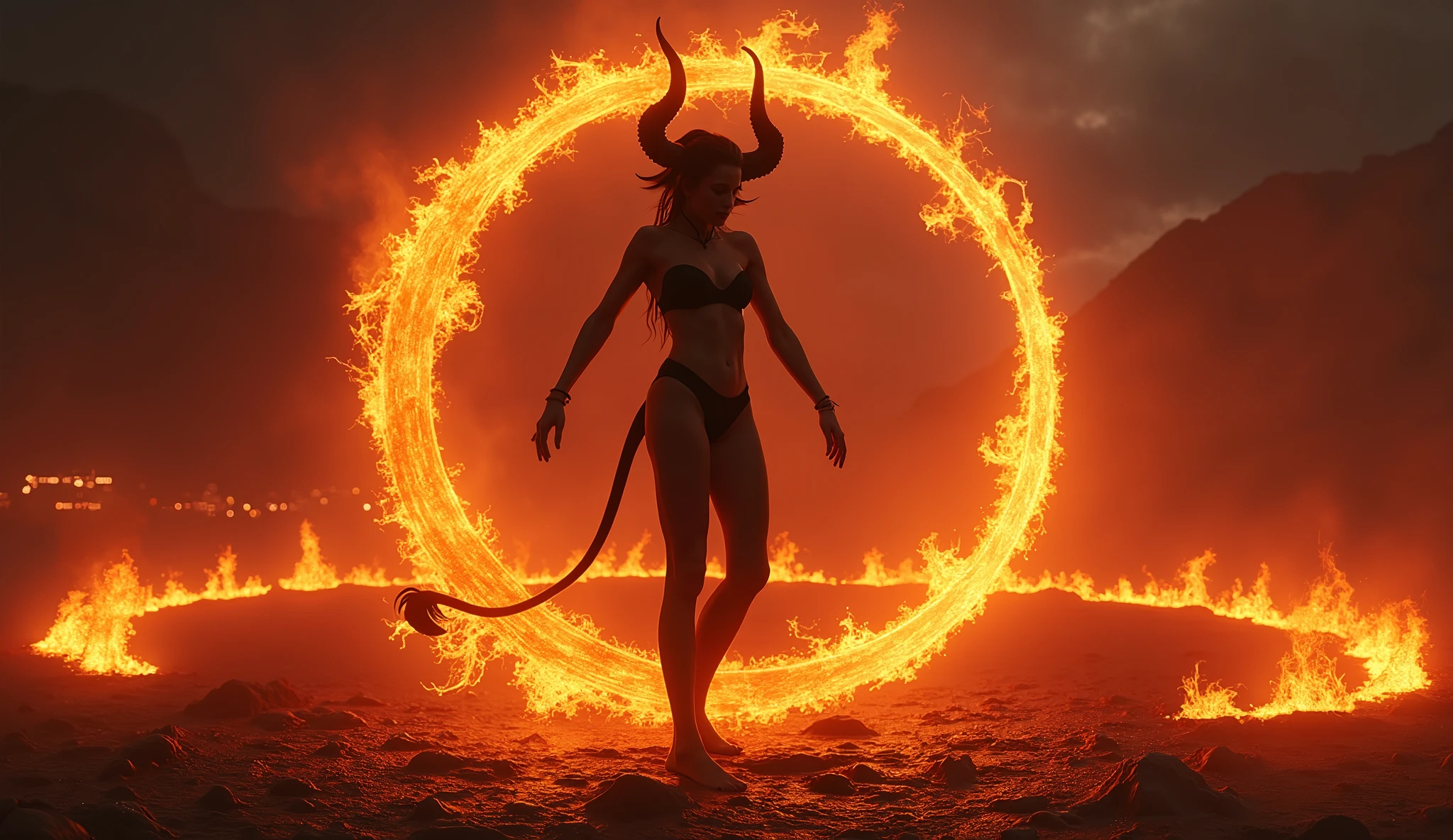 A captivating female demon with horns and a tail, her skin a deep shade of crimson, dances amidst a circle of fire in a dark, hellish landscape. Her tight, black outfit glows with infernal energy as she moves to the powerful beats. The ground beneath her cracks and blazes with molten lava, while her every motion exudes both danger and seduction. Aim for realistic depiction, make sure photos are at highest resolution (8K)