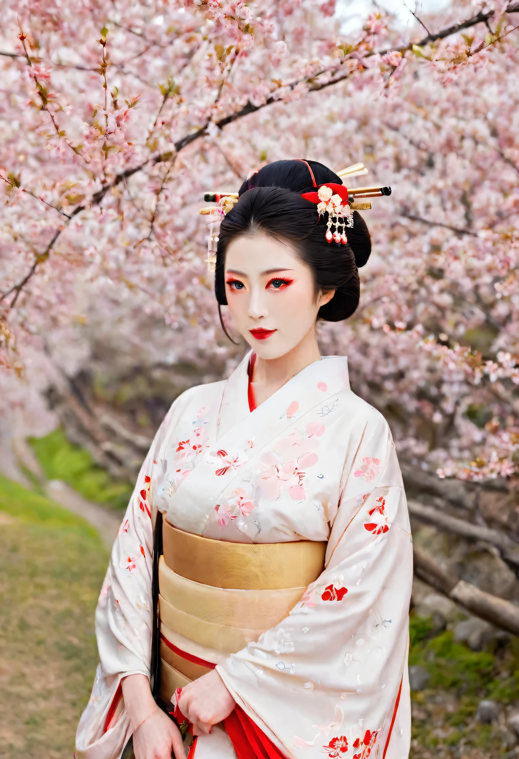 (A geisha stands gracefully under a cherry blossom, Look back and smile: 1.37), Pink cherry blossom petals next々And they scatter, (whole body) The face base makeup has no highlight or shadow decoration. Foundation covers the entire face and neck. Red lip makeup、The area of the mouth that is smaller than normal lips. Strengthen your eyes, Makes pupils appear darker and deeper. Straight eyebrows are not only eye-catching、Informal, Cleanse the entire face. Typical Japanese Geisha makeup, Wearing a gorgeous kimono embroidered with red and gold cherry blossoms, This is a long-sleeved kimono, Wearing clogs, Realistic depiction of light and shadow, Realistic and exaggerated photos, super high quality, Super Details, Cinematic shots, Shallow depth of field