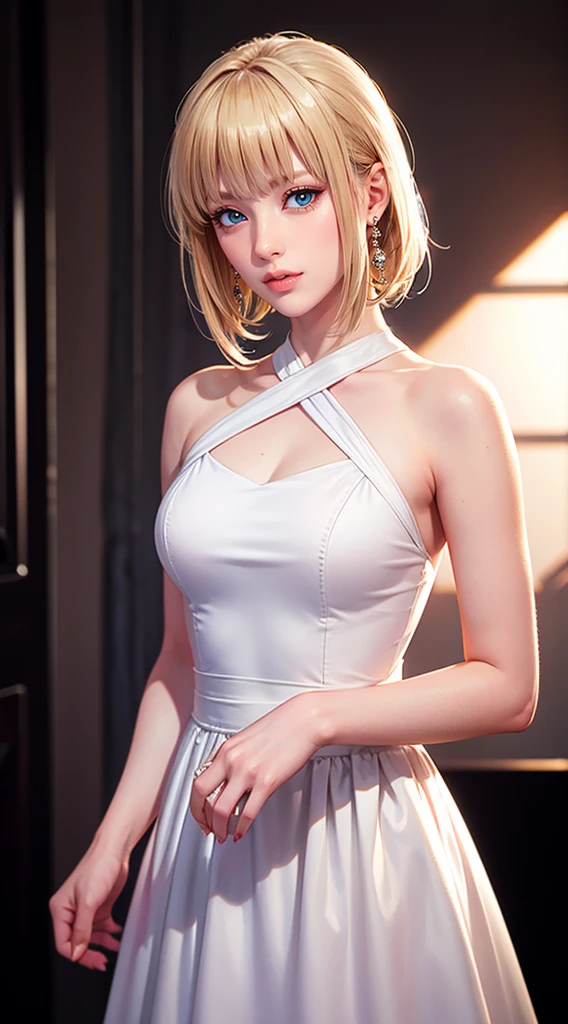 Internet，Lucy_Cyberpunk,win，blond，White Dress，((masterpiece)),high resolution, ((best quality))，masterpiece，Top quality，Best quality，（（（ Looking at the audience, There is light in the eyes））），（（（Light and shadow intertwine，White skin，Smiling，confidence））），cowboy shoot:1.6