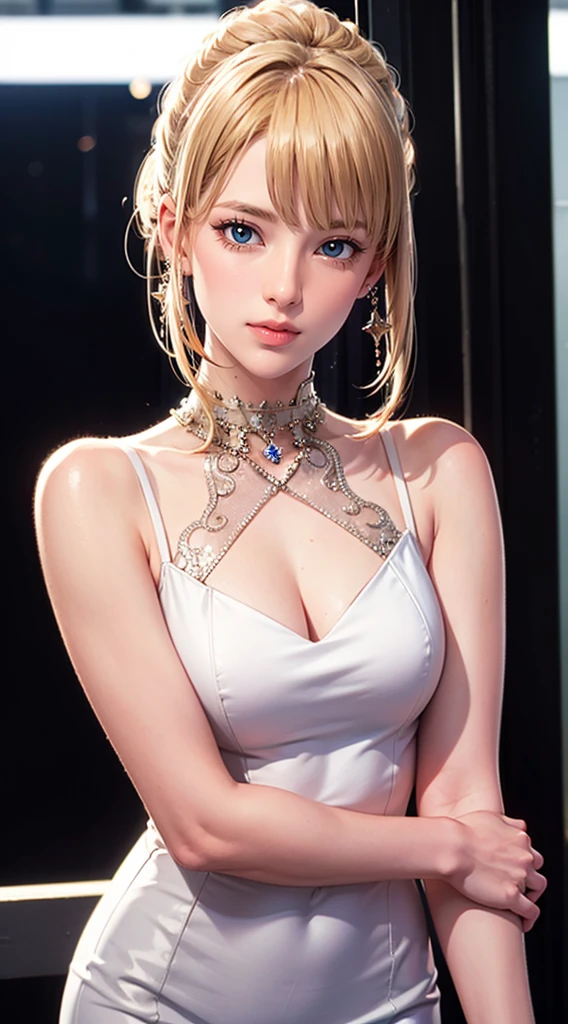 Internet,Lucy_Cyberpunk,win,blond,White Dress,((masterpiece)),high resolution, ((best quality)),masterpiece,Top quality,Best quality,((( Looking at the audience, There is light in the eyes))),(((Light and shadow intertwine,White skin,Smiling,confidence))),cowboy shoot:1.6