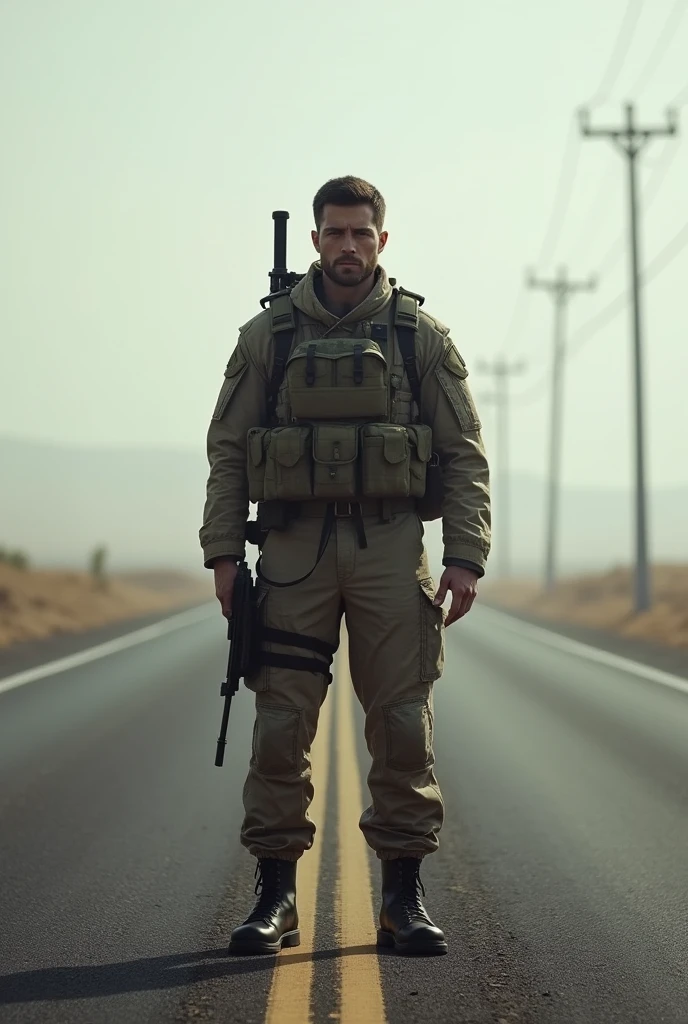 Soldier standing in open place of road