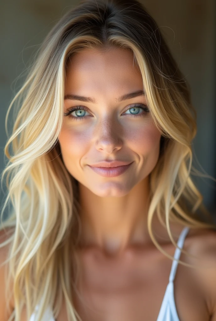 A sexy natural blonde woman, blue eyes, photo naturel sans filtre 