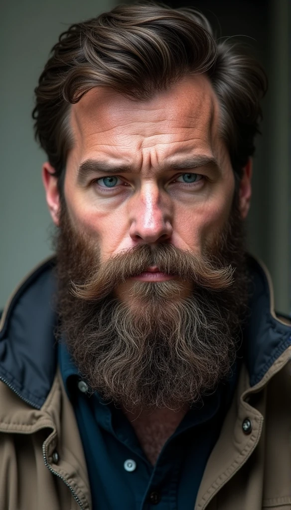 (the best quality,8k,Realstic),bel homme,Barbe abondante,macho,yeux bleus,cheveux bruns,leger surpoid, french, calvitie