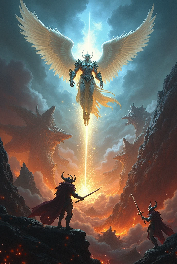 War of archangels vs. archdemons, fantasy world, emphasize the holy against the evil