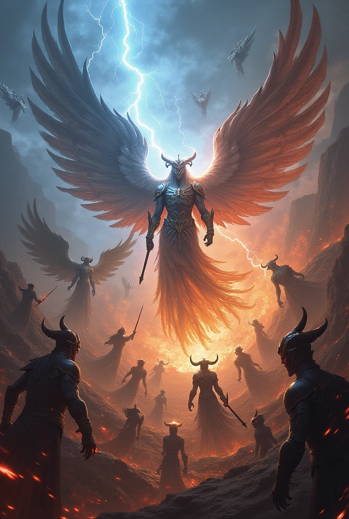 War of archangels vs. archdemons, fantasy world, emphasize the holy against the evil