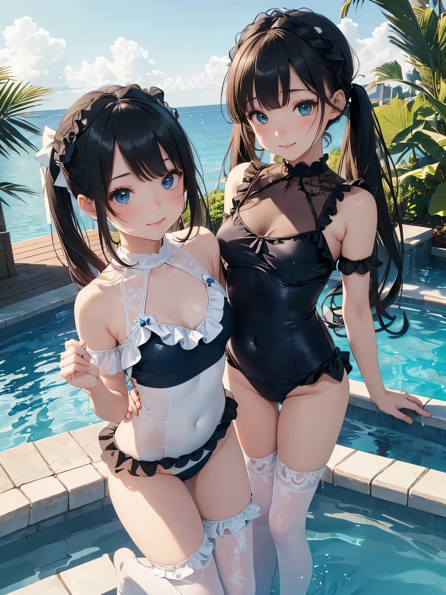 ((masterpiece)), ((highest quality、Ultra high definition)), (Very detailed),(8k、Photo quality)、((Amazingly cute girl)),)), Two people, , (Beautiful emerald blue eyes), ((smile、Small breasts)),In the open-air bath overlooking the sea, Beautifully arranged black hair in twin tails、Slim Body、(((Cute swimsuit with lace and frills)))、Professional Lighting、(White lace knee-highore detailed and beautiful)、(More details and cutenesore realistic)、((Just wear light clothing))、Frolic in the pool、((unbelievably cute))、((A cute pose))、((At dusk))、(Have a drink to stay hydrated)、