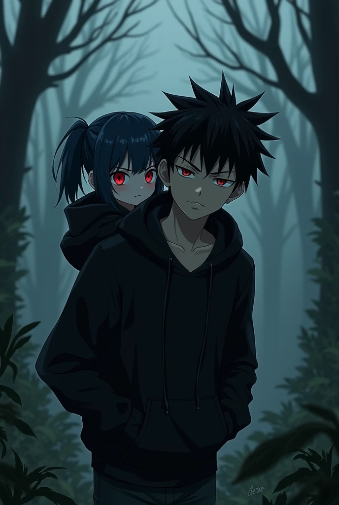 A boy ((( Anime boy , Spiky hair , black hair , black hoodie , blood red eyes , narrowed eye
))) , A girl ((( Anime girl , dark blue hair , modern day mullet hair style , black hoodie , red eyes , almond eye ))) , boy carrying the girl , girl behind the boy , dark forest background