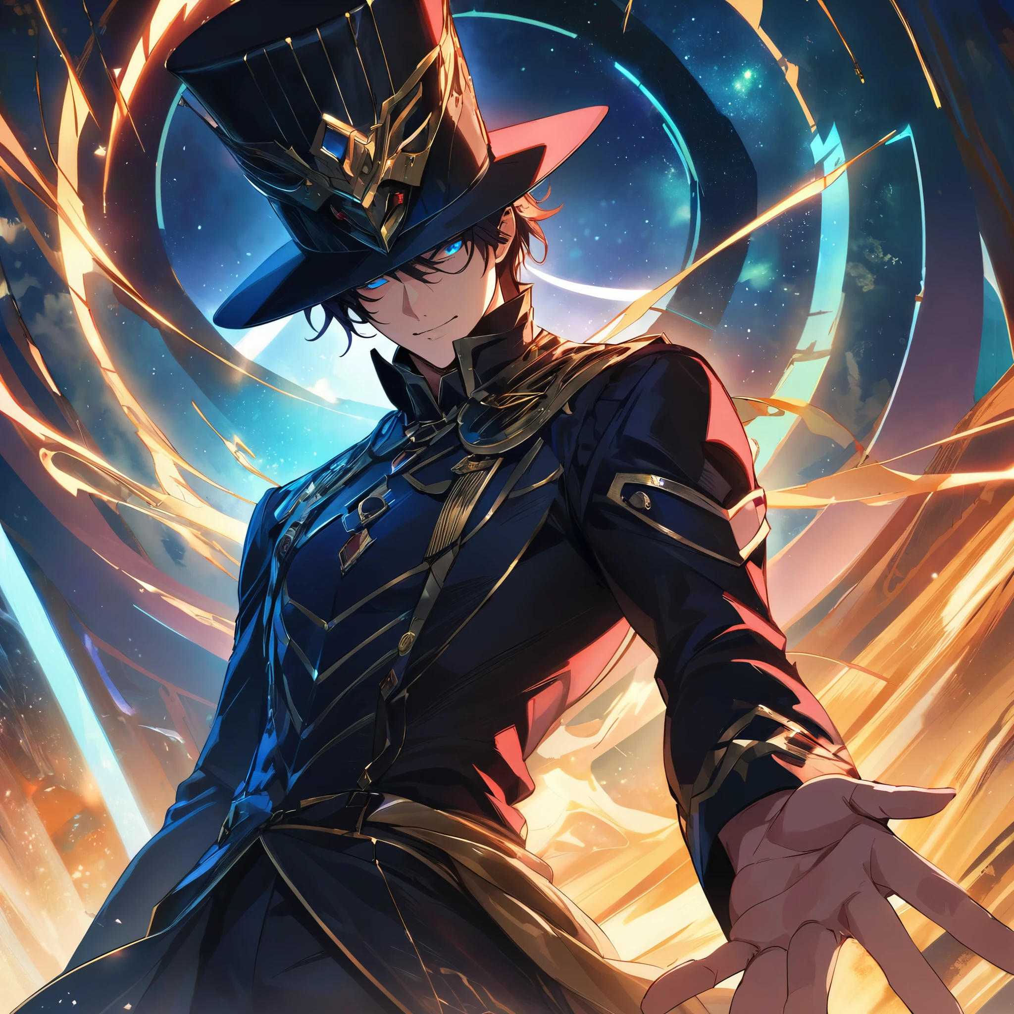 The Magician Tarot cards, (Young man, 1 man, adult, handsome, Delicately detailed blue eyes and a detailed face., The demonic eyes stared at him., A mysterious mask covers his face., Best shots,special, (Broad shoulders)) (muscle),,night sky, Wear a black top hat.((มีTarot cardsประดับหมวก)),Stand with one arm extended and pointing towards the universe., and the other pointing down to the word. His positioning represents his connection between the spiritual realms and the material realms. The magician uses this relationship to create and manifest his goals in the physical realm.. He is the conduit for energy transformed into matter.. The magician&#39;s robe is white., It is a symbol of purity., And his coat was black., เป็นตัวแทนประสบการณ์และความรู้ทางword. บนโต๊ะตรงหน้าเขามีสัญลักษณ์สี่ชุดของTarot cards นั่นคือ ถ้วย, five pointed star, Sword and Wand – Each symbolizes one of the four elements – Water., word, air and fire. It&#39;s also a sign that he has all the tools. (and components) He needed to make his intentions known.. Overhead is an infinity symbol., And there was a snake biting its own tail around the waist. It was a sign that he could reach his limitless potential.. And the foreground was filled with all kinds of leaves and flowers., It symbolizes the blossoming and fruition of his ideas and aspirations..), Tarot cards, snake, spirit, The atmosphere is gloomy., Detailed lines, cinema, Black paper with colorful lines, luxurious, symmetrical, Tarot cards, Highly detailed, ink illustration, Peter Mohbacher&#39;s style, golden ratio, 4K ( By Alessandro Gottardo Victo I ) 