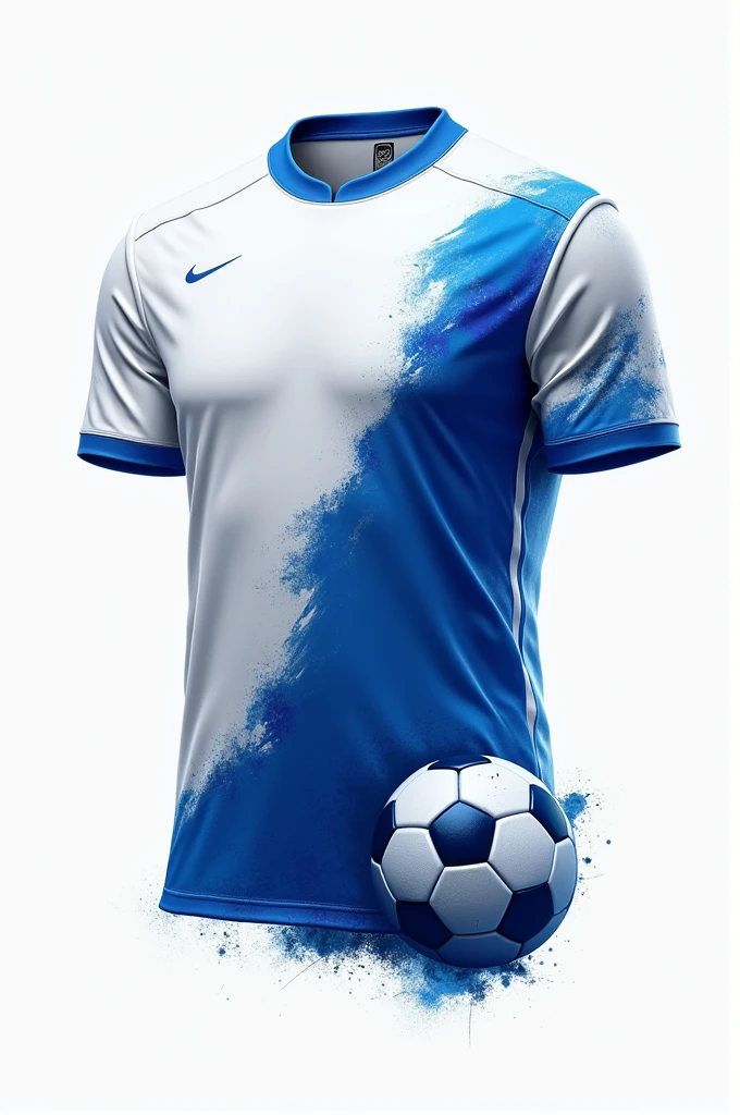 White and deep blue football jersey, image of small portion of soccer ball in brush paint on lower corner, blue brush paint football illustration