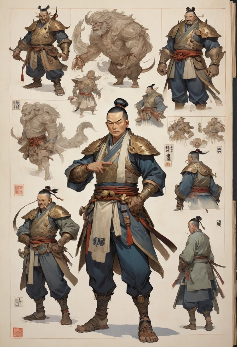 character design sheet by Feng Zikai, best quality, masterpiece, Representative work, official art, Professional, Ultra intricate detailed, 8k