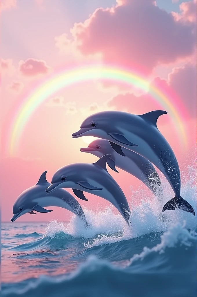 Dolphins jumping against a pink sky and rainbow colors