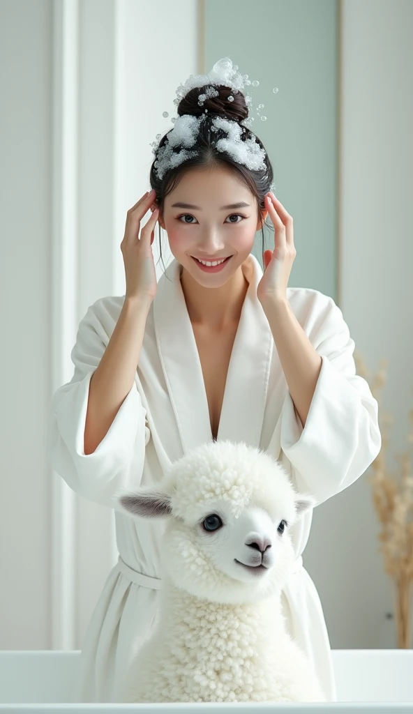 Create an Asian beauty,Standing on the ground,Hair in a bun,Beautiful beautiful big eyes,Regular facial features,Wearing a white satin bathrobe,Scratch your scalp with both hands,Two hands washing hair on top of head,There is a lot of real white foam and water on the hair,Foam wrap head,Real bubbles,Open your eyes,The expression is happy,The characters are realistic and realistic,Next to it is a pure white cute tall alpaca,Pure white high-end bathroom background,Character front position,9:16 frames,Ultra-high-definition picture quality