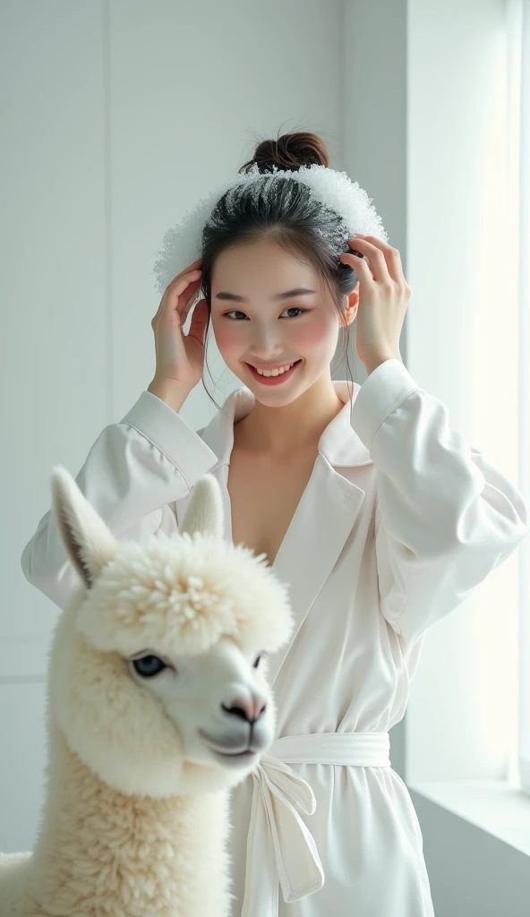 Create an Asian beauty,Standing on the ground,Hair in a bun,Beautiful beautiful big eyes,Regular facial features,Wearing a white satin bathrobe,Scratch your scalp with both hands,Two hands washing hair on top of head,There is a lot of real white foam and water on the hair,Foam wrap head,Real bubbles,Open your eyes,The expression is happy,The characters are realistic and realistic,Next to it is a pure white cute tall alpaca,Pure white high-end bathroom background,Character front position,9:16 frames,Ultra-high-definition picture quality