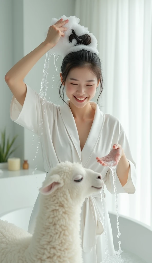 Create an Asian beauty,Standing on the ground,Hair in a bun,Beautiful beautiful big eyes,Regular facial features,Wearing a white satin bathrobe,Scratch your scalp with both hands,Two hands washing hair on top of head,There is a lot of real white foam and water on the hair,Foam wrap head,Real bubbles,Open your eyes,The expression is happy,The characters are realistic and realistic,Next to it is a pure white cute tall alpaca,Pure white high-end bathroom background,Character front position,9:16 frames,Ultra-high-definition picture quality